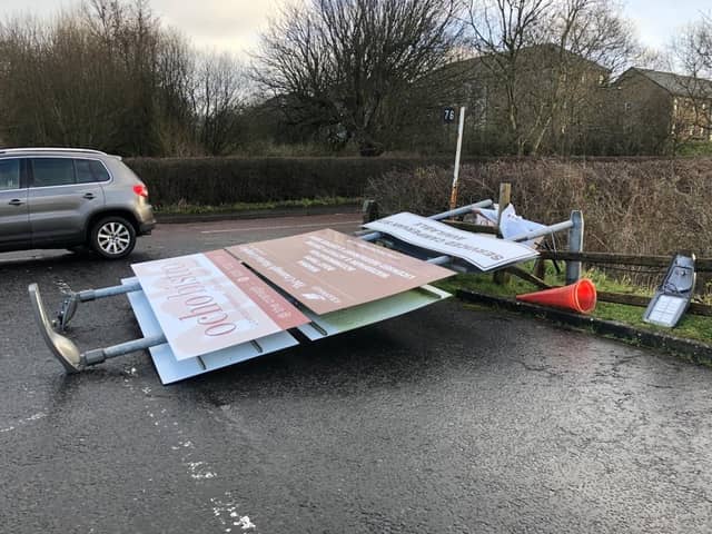 Sign blown down on Cromore Road, Coleraine blocking the road