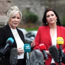 First Minister Michelle O'Neill (left) and Deputy First Minister Emma Little-Pengelly, seen yesterday at Stormont Castle, issued a joint statement over the death of the king. Photo: Oliver McVeigh/PA Wire
