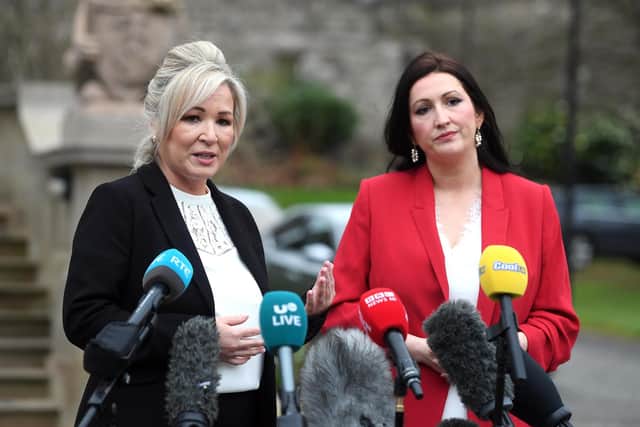 First Minister Michelle O'Neill (left) and Deputy First Minister Emma Little-Pengelly, seen yesterday at Stormont Castle, issued a joint statement over the death of the king. Photo: Oliver McVeigh/PA Wire