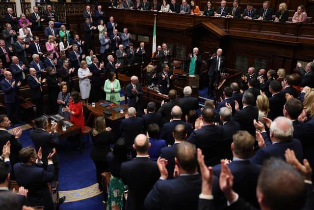 US President Joe Biden receiving a standing ovation after addressing the Oireachtas Eireann, the national parliament of Ireland, at Leinster House in Dublin