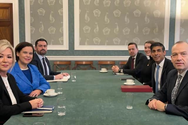Northern Ireland First Minister Michelle O'Neill (left), Sinn Fein Fein President Mary Lou McDonald (second from left) Prime Minister Rishi Sunak (second from right) with Northern Ireland Secretary Chris Heaton-Harris (right) attending a meeting at Parliament Buildings, Stormont in Belfast