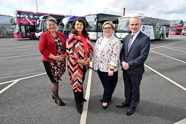 BUS and Coach Northern Ireland, has marked 20 years as the organisation representing the local bus and coach operators and industry suppliers. Pictured are Bus and Coach Northern Ireland chief executive, Karen Magill and chairman, Caroline McComb are joined by Joanne Stewart, chief executive of the Northern Ireland Tourism Alliance and Chris Conway, chief executive of Translink