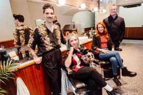 Independent barbers ‘High Society Cut Club’ owners Joao (Johnny) Jesus and Hannah McShane with dog Phoebe, are joined by councillor Clíodhna Nic Bhranair, chair of Belfast City Council’s City Growth and Regeneration Committee, and Ashley Stewart, Partner (NI), Bywater, on their first day of business on the ground floor of 29 Gresham Street, made possible with the support of a Belfast City Council Vacant to Vibrant capital grant, bringing the property back into use after 20 years of vacancy