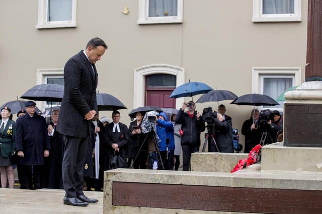 Taoiseach Leo Varadkar during the Remembrance Sunday service at the Cenotaph in Enniskillen. Picture date: Sunday November 12, 2023.