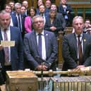 A video grab from footage broadcast by the UK Parliament's Parliamentary Recording Unit (PRU) shows tellers in the House of Commons in London on March 22, 2023, giving the result of a vote on the Northern Ireland Windsor Framework. Photo by PRU/AFP via Getty Images