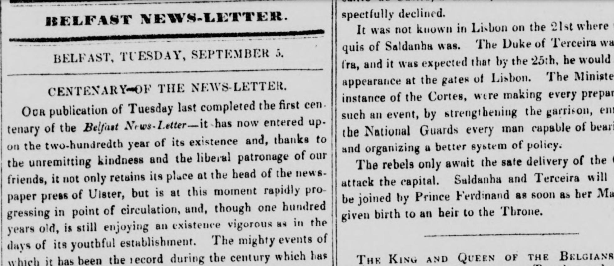 News Letter reaches its first centenary since foundation (September 1837)