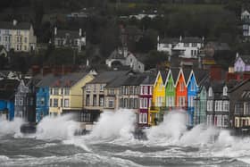 The scene in Whitehead this morning overlooking Belfast Lough, as a Yellow warning of wind was in place while Storm Kathleen made landfall on Saturday April 6 2024. Exposed parts of Northern Ireland could be hit with winds of up to 70mph. Photo - Andrew McCarroll/ Pacemaker Press