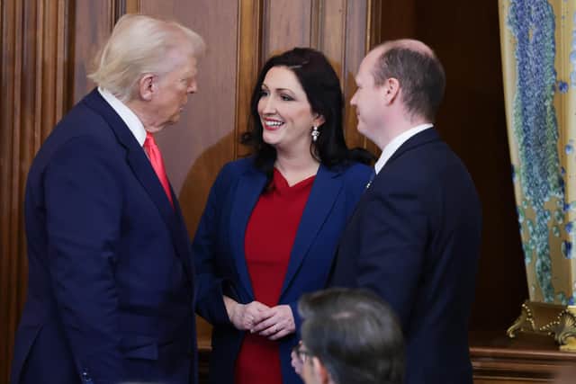 Donald Trump with Emma Little-Pengelly and Gordon Lyons at the Capitol Hill St Patrick's Day lunch event on Wednesday March 12 2025. Picture by Kelvin Boyes/Press Eye