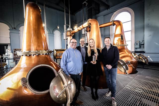 Titanic Distillers, Belfast’s first working distillery since Prohibition, has secured a £5m equity investment from Whiterock to expand its sales team, drive growth in new geographic markets and establish key distribution channels. Pictured is Peter Lavery of Titanic Distillers with David McCurley, director of Whiterock, Sara McCrea, investment manager, Whiterock and Stephen Symington, CEO of Titanic Distillers