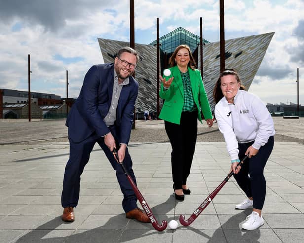 Ulster Hockey is hoping to score a win-win for the business and sports communities of Northern Ireland with the launch of a new membership networking forum.
Club 1896, inspired by the year organised hockey began in Ulster, will offer its members a series of high-quality networking events, with the aim of creating new connections and business growth through a shared passion for sport. Pictured are Marc Scott, Ulster Hockey, broadcaster Denise Watson and hockey star Shirley McCay