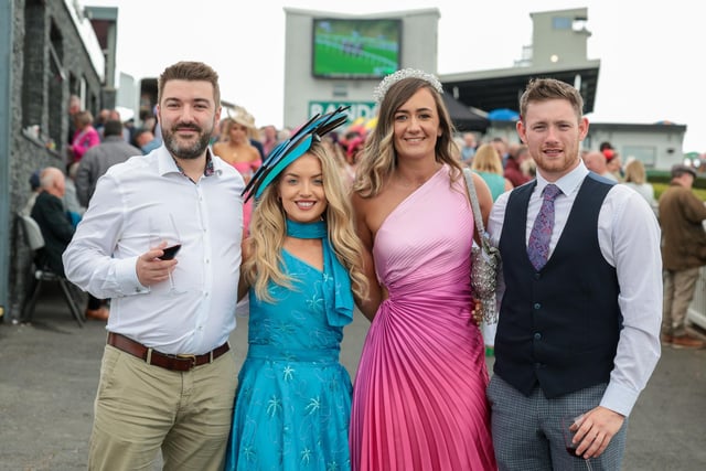 Press Eye - Belfast - Northern Ireland - 28th August 2023

Downpatrick Racecourse Ladies day Featuring the Most Appropriately Dressed Lady" and "Best Dressed Gentleman" Competitions.

Gaby Price, Savanna Daly, Aaron brown and Will copper 

Picture by Matt Mackey/PressEye:-