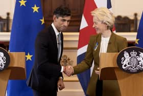 Prime Minister Rishi Sunak and European Commission president Ursula von der Leyen sign a deal in Windsor last year to modify the Northern Ireland Protocol. It leaves the protocol unchanged but makes practical changes to its operation
