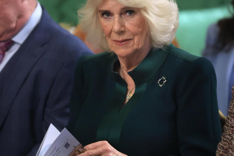 Queen Camilla attends an event hosted by the Queen's Reading Room to mark World Poetry Day at Hillsborough Castle