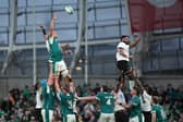 Ireland's Cormac Izuchukwu wins a line-out during the Autumn International match at the Aviva Stadium in Dublin, Ireland