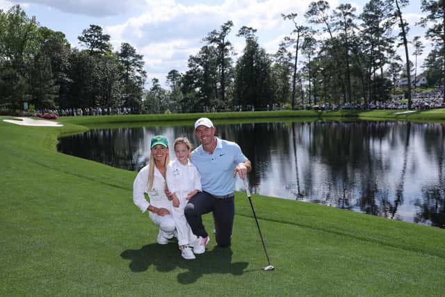 Rory McIlroy with wife Erica Stoll and daughter Poppy during the Par Three Contest at the Masters, where four-year-old Poppy sunk a long birdie putt on the final hole