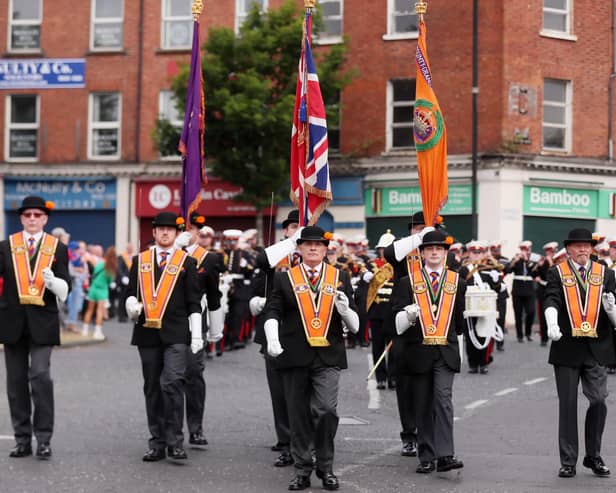The Twelfth of July parade in Belfast in 2022. Bands and Orange men form up at Carlisle Circus in north Belfast for the main Belfast. 
Picture by Jonathan Porter/PressEye