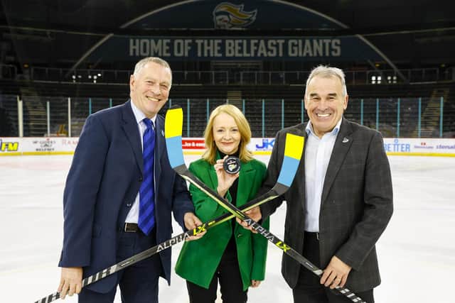 The Odyssey Trust announced to host special international ice hockey game in support of Ukrainian Hockey Dream, part of the ‘Hockey Can’t Stop Tour’. Pictured, Martin McDowell, Chair, Odyssey Trust, Allison Dowling, Communications and Marketing Director at Belfast Harbour, and Robert Fitzpatrick, CEO, Odyssey Trust.
