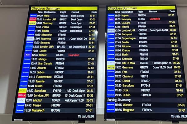 The departure boards at Manchester Airport showing two cancelled Flybe flights as the regional carrier has ceased trading and all scheduled flights have been cancelled, authorities have said. Picture date: Saturday January 28, 2023.