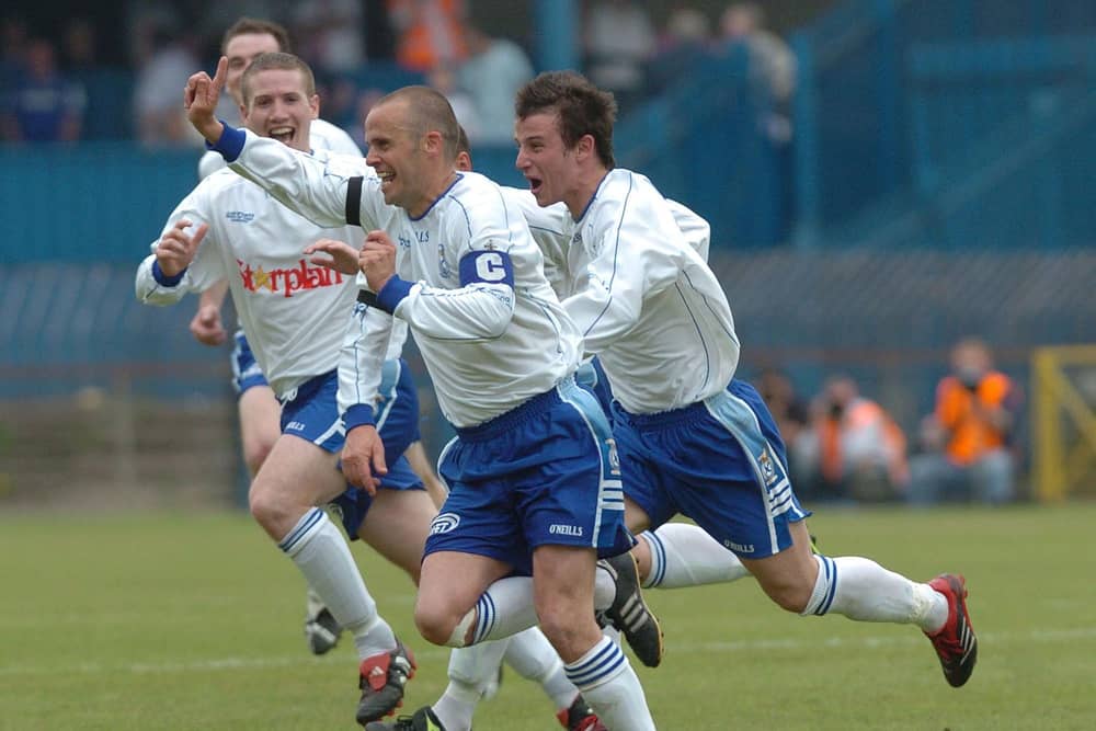 Rodney McAree celebrates scoring Dungannon Swifts' second goal in their Irish Cup final defeat to Linfield in 2007. (Photo by Stephen Hamilton/Pacemaker Press)