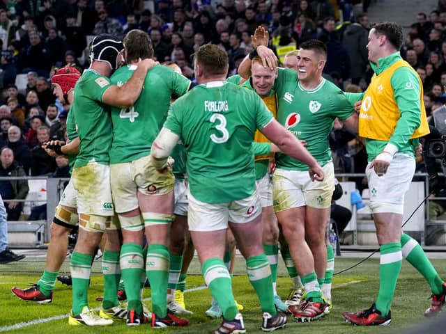 Ireland's Dan Sheehan (second right) celebrates with team-mates after scoring their side's fourth try of the game during the Guinness Six Nations match at the Orange Velodrome in Marseille, France. PIC: Andrew Matthews/PA Wire.