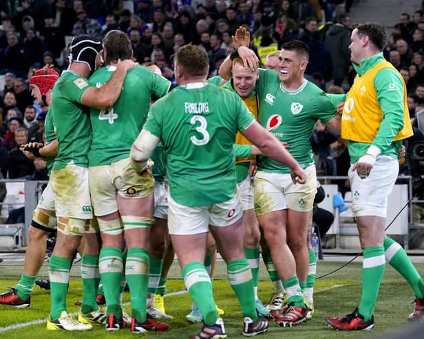 Ireland's Dan Sheehan (second right) celebrates with team-mates after scoring their side's fourth try of the game during the Guinness Six Nations match at the Orange Velodrome in Marseille, France. PIC: Andrew Matthews/PA Wire.