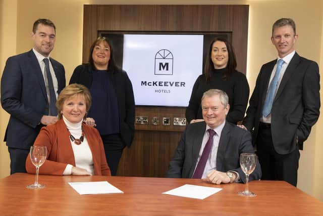 McKeever Hotel Group, the Antrim-based family-run business, has revealed its strategic three-year plan which includes the growth of its operation on an all-island basis and across its existing hotels in Northern Ireland and Donegal. The strategy, which coincides with McKeever Hotel Group’s 30th anniversary, aims to increase turnover to £60million over the next three years with further acquisitions and hotel management contracts. Pictured are Catherine and Eugene McKeever with Eddie McKeever, Victoria Walton, Bridgene Keeley and Martin Toner
