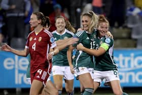 Northern Ireland’s Danielle Maxwell (centre) celebrates her goal against Hungary at Seaview in the UEFA Women's Nations League meeting. (Photo by William Cherry/PressEye)