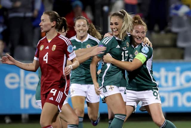Northern Ireland’s Danielle Maxwell (centre) celebrates her goal against Hungary at Seaview in the UEFA Women's Nations League meeting. (Photo by William Cherry/PressEye)