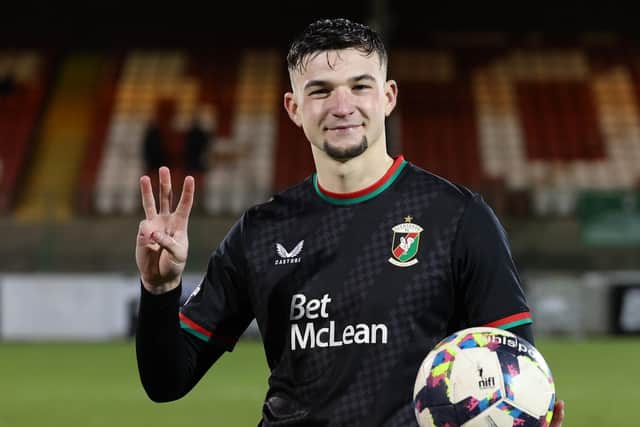 Glentoran's David Fisher with the match ball after scoring a hat-trick against Coleraine. PIC: Desmond Loughery/Pacemaker Press