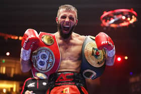Northern Ireland's Anthony Cacace poses for a photo with the title belts after victory over Joe Cordina following the IBF and IBO World Super Featherweight fight in Riyadh, Saudi Arabia. (Photo by Richard Pelham/Getty Images)