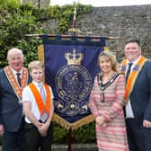 On Sunday 28th of April the Junior Grand Orange Lodge of Ireland began to mark the organisation’s fiftieth anniversary year with a Church Service and Parade in Armagh. The event was attended by members from across its Jurisdiction, as well as visiting dignitaries. The celebrations will culminate in May 2025. Pictured with the JGOLI’s new bannerette are The Grand Master of the Grand Orange Lodge of Ireland, Most Wor. Bro. Edward Stevenson; Standard Bearer, David Coulter JLOL 27; Lord Mayor Of Armagh City, Banbridge And Craigavon, Alderman Margaret Tinsley; and Most Worthy Bro. Joeseph Magill, Grand Master, JGOLI. (Photo by Graham Baalham-Curry):-