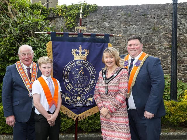 On Sunday 28th of April the Junior Grand Orange Lodge of Ireland began to mark the organisation’s fiftieth anniversary year with a Church Service and Parade in Armagh. The event was attended by members from across its Jurisdiction, as well as visiting dignitaries. The celebrations will culminate in May 2025. Pictured with the JGOLI’s new bannerette are The Grand Master of the Grand Orange Lodge of Ireland, Most Wor. Bro. Edward Stevenson; Standard Bearer, David Coulter JLOL 27; Lord Mayor Of Armagh City, Banbridge And Craigavon, Alderman Margaret Tinsley; and Most Worthy Bro. Joeseph Magill, Grand Master, JGOLI. (Photo by Graham Baalham-Curry):-
