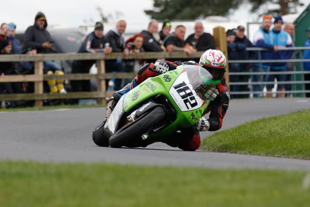 Derek Sheils claimed a hat-trick in the Classic Superbike races on the Greenall Kawasaki at the Gold Cup meeting. Picture: Peter-John Leverton.
