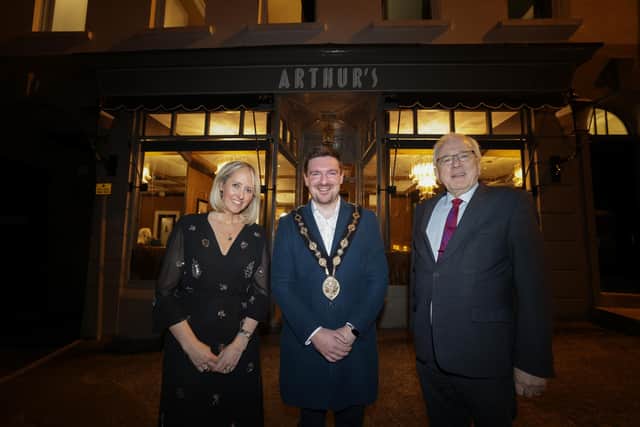 Pictured at the opening of Arthur’s in  Royal Hillsborough are Lynne McCabe, owner, councillor Scott Carson, Mayor of Lisburn & Castlereagh City Council and alderman Allan Ewart MBE, chair of Lisburn & Castlereagh City Councils Development Committee