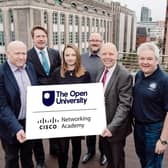 The Open University (OU) is delighted to partner with Cisco, the multinational digital communications technology corporation, to create Northern Ireland’s first Cisco Academy Support Centre. Pictured are Andrew Smith and Michael Bower, The Open University, Elizabeth Barr, Cisco Networking Academy, Daryl Maguire and Dave Foster, Department for the Economy and Eammon Brankin, Digital IT Hub