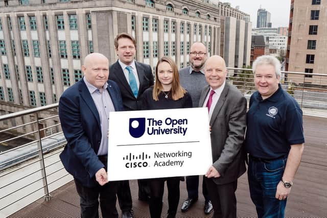 The Open University (OU) is delighted to partner with Cisco, the multinational digital communications technology corporation, to create Northern Ireland’s first Cisco Academy Support Centre. Pictured are Andrew Smith and Michael Bower, The Open University, Elizabeth Barr, Cisco Networking Academy, Daryl Maguire and Dave Foster, Department for the Economy and Eammon Brankin, Digital IT Hub