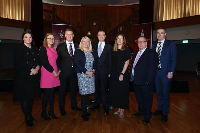 Over 400 local solicitors from across Northern Ireland were in attendance for the Law Society's annual conveyancing conference which this year took place at Titanic Belfast.. Pictured are Maria Glover, Claire McNamee, Sam Dickey, Mary-Lou Press, Philip Armstrong, Kirsten Nee, Charles O’Neill and Denis McKay
