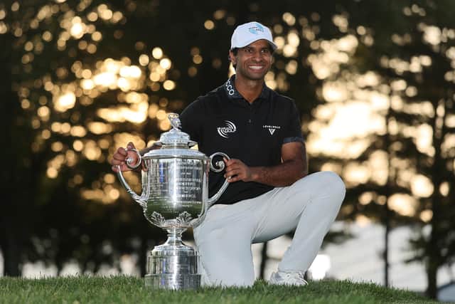 Aaron Rai celebrates US PGA Championship success. (Photo by Michael Reaves/Getty Images)
