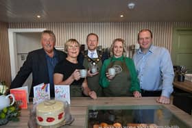 Mayor of Antrim and Newtownabbey alderman Stephen Ross with Economy Minister Gordon Lyons, East Antrim MP Sammy Wilson, Ten Coffee co-owner Sarah Reed and Pam Cameron MLA