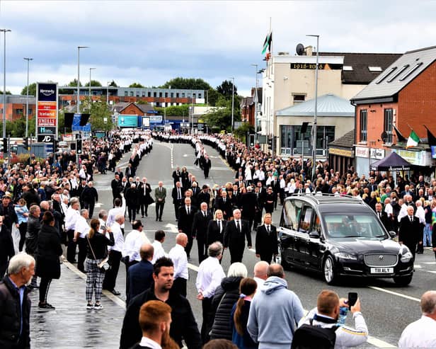 30/6/2020: The funeral of senior republican Bobby Storey which took place today at St. Agnes’ Church, Belfast. The funeral procession left the church before heading to Milltown Cemetery, where he was buried in the Republican Plot. Gerry Adams gave an oration in the cemetery. The funeral was attended by leading republicans and senior Sinn Fein members. Photo - Pacemaker Press