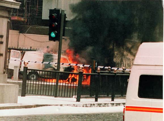 A white van is engulfed in flames at Whitehall, London, after a mortar bomb attack on Downing Street. Fresh guidance on security measures at the homes of public figures was agreed in 1991 after a spate of Provisional IRA (PIRA) attacks in Great Britain. The year 1990 saw a number of bomb attacks in England, including an attack on the Carlton Club in June, an attack on the London stock exchange and the assassination of Conservative MP Ian Gow in July at his home in East Sussex, as well as a bid to kill air chief marshal Sir Peter Terry at his Staffordshire home in September.
