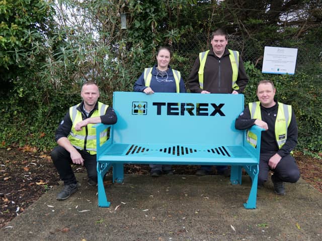 As part of its ‘Rest Your Mind’ initiative, Terex Ballymoney and Terex Campsie manufacturing sites are offering the free benches to local community groups, including clubs, societies, schools, nursing homes, and other organisations. Pictured are Terex team members Mark McKay, senior production manager, Rosie Wildwood, MEGA degree apprentice, David Nicholl, senior manufacturing engineer and Kieran Barratt, maintenance supervisor