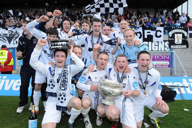 Andy Hunter (back row, right) picked up his final senior medal at the League Cup final in 2011 with Lisburn Distillery. (Photo Charles McQuillan/Pacemaker)