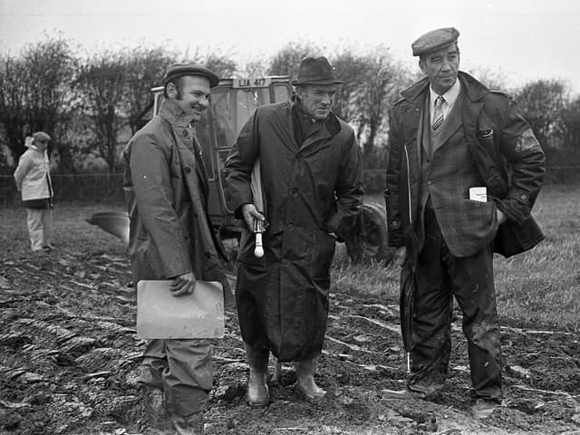 The judges, Lawrence McMillan, Vivian Samuels and John Nicholl, eyeing out the furrows in November 1982 at the International Ploughing Match at Ardglass, Co Down. Picture: Farming Life/News Letter archives