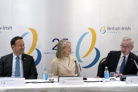 (left to right) Taoiseach Leo Varadkar, Chief Minister of Jersey Kristina Moore and Michael Gove during a press conference following a British-Irish Council (BIC) summit meeting at the L'Horizon Hotel in St Brelade's Bay, Jersey. Picture date: Friday June 16, 2023.