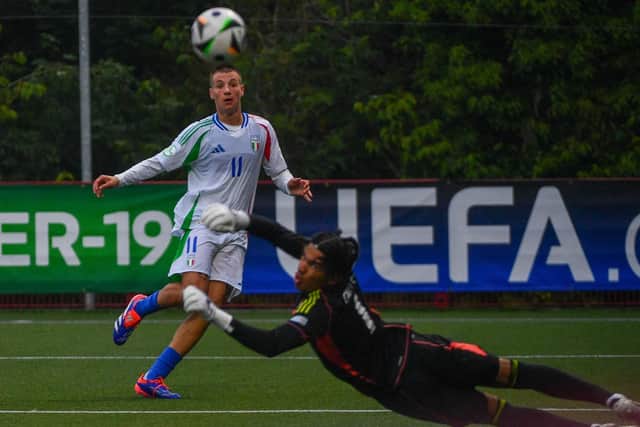 Francesco Camarda of Italy adds a second during this evening’s game at Inver Park, Larne. PIC: Andrew McCarroll/ Pacemaker Press
