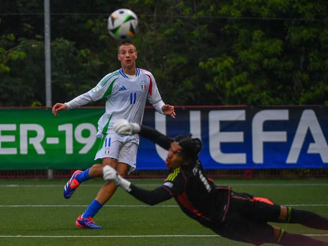 Francesco Camarda of Italy adds a second during this evening’s game at Inver Park, Larne. PIC: Andrew McCarroll/ Pacemaker Press