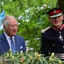 His Majesty's Lord-Lieutenant of County Antrim, Mr David McCorkell pictured with HM The King in Newtownabbey during the opening of ANBC’s Coronation Garden in Hazelbank Park, Newtownabbey in May 2023, designed by Diarmuid Gavin. Credit Pacemaker Press (ANBC)