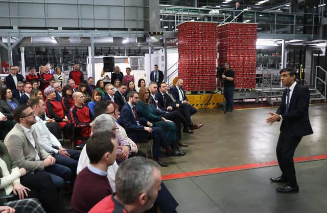 Prime Minister Rishi Sunak during a visit to Coca-Cola HBC in Lisburn on February 28, when he oversold the Windsor Framework as being the end of the border in the Irish Sea