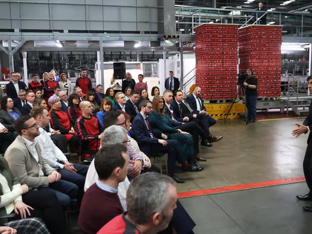 Prime Minister Rishi Sunak during a visit to Coca-Cola HBC in Lisburn on February 28, when he oversold the Windsor Framework as being the end of the border in the Irish Sea